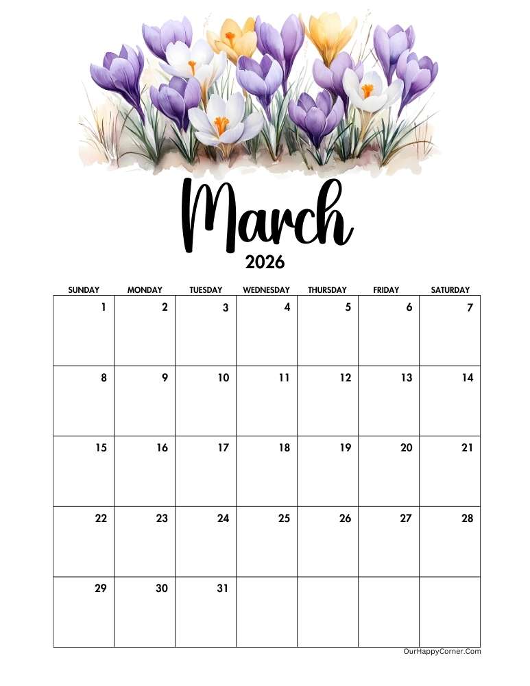 Floral March 2026 calendar printable