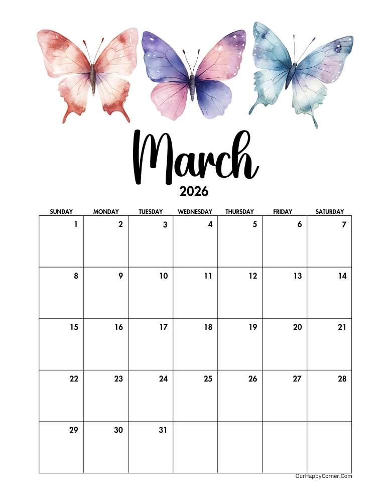 Butterflies decorated March 2026 calendar printable