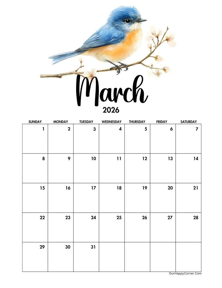 Spring bird decorated calendar printable