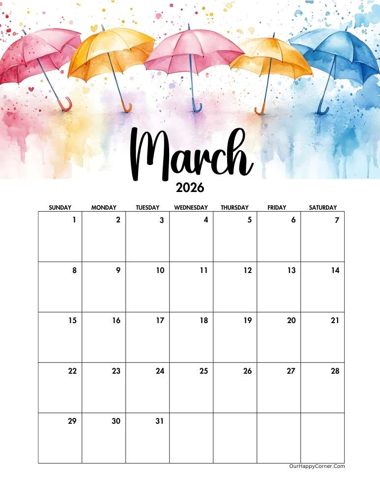 Umbrellas decorated calendar printable