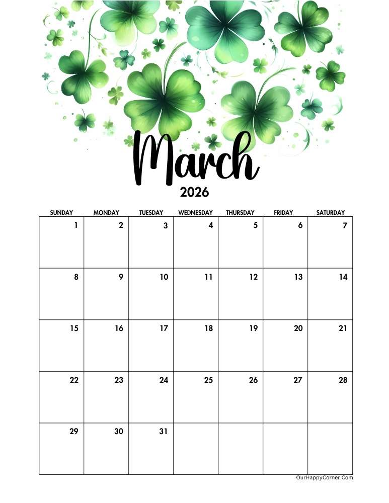 St Patricks day inspired March 2026 calendar printable