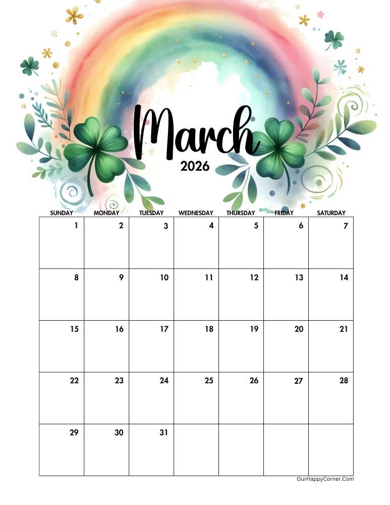 St Patricks day inspired March 2026 calendar printable