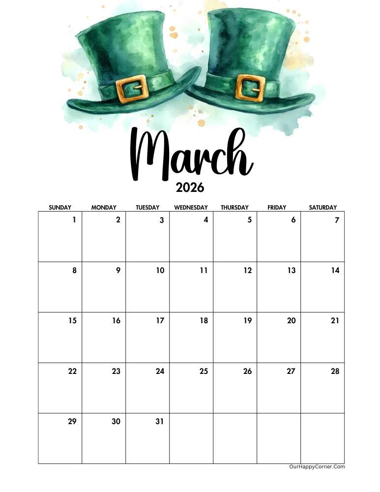 St Patricks day inspired March 2026 calendar printable