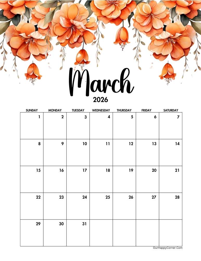 Orange floral March 2026 calendar printable