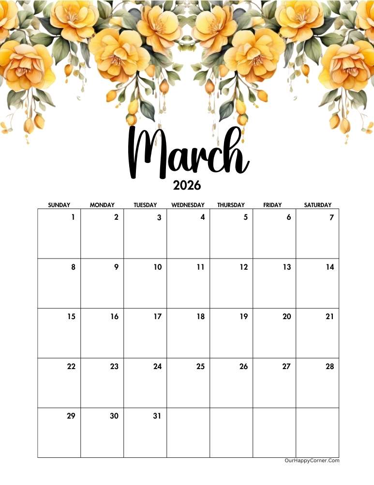 Yellow floral March calendar