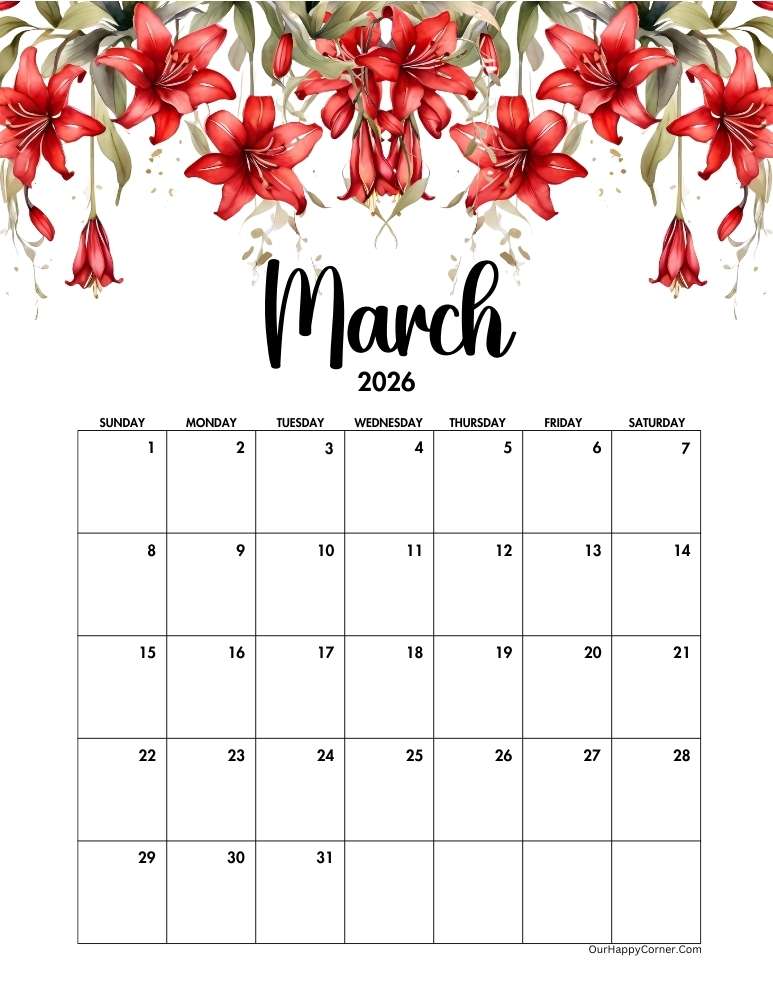 Red floral March calendar
