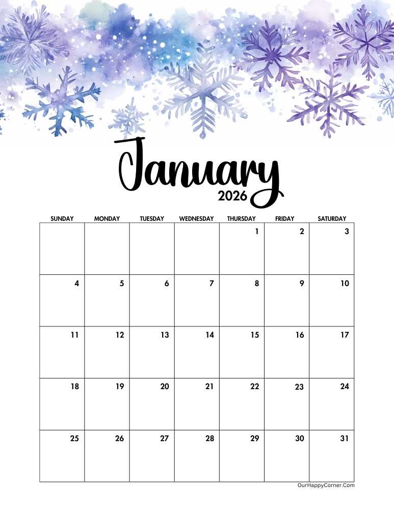 January snowflake decorated calendar