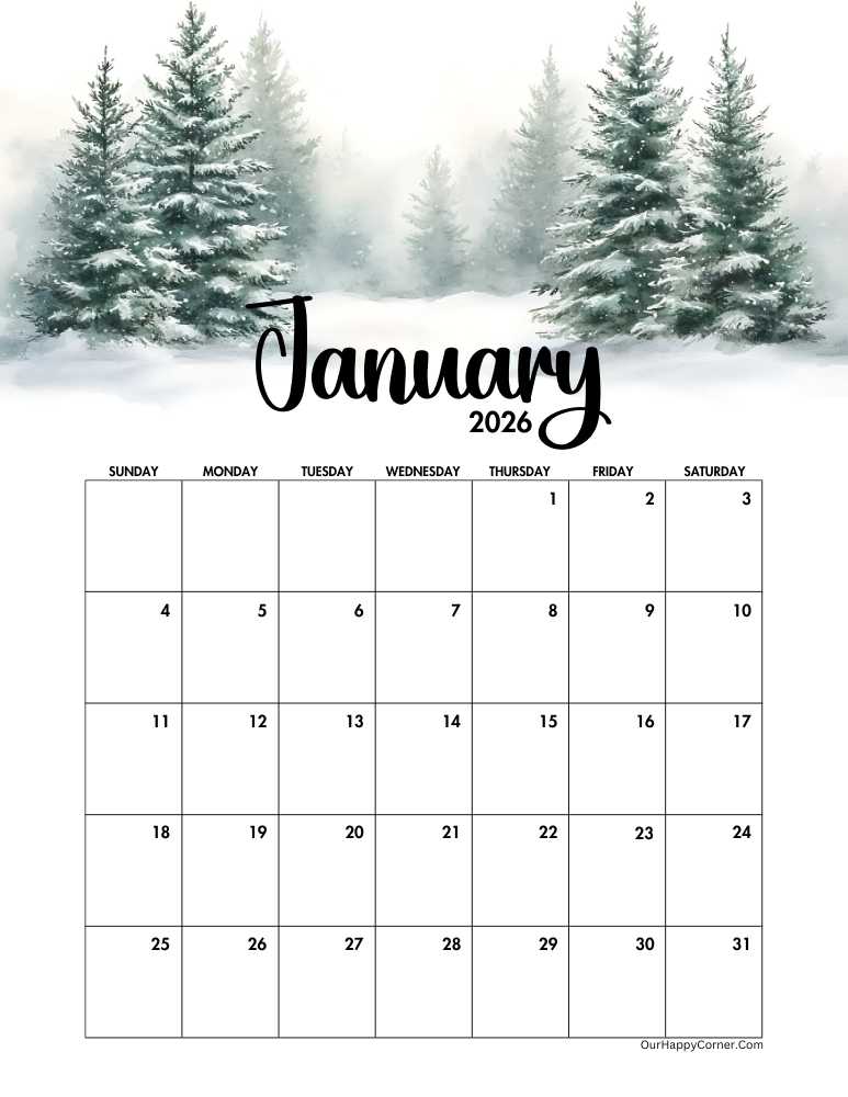 Pine Trees decorated calendar January