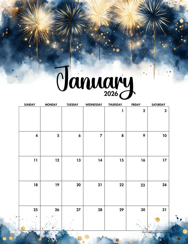 January decorated calendar in fireworks bursting in midnight black and champagne gold