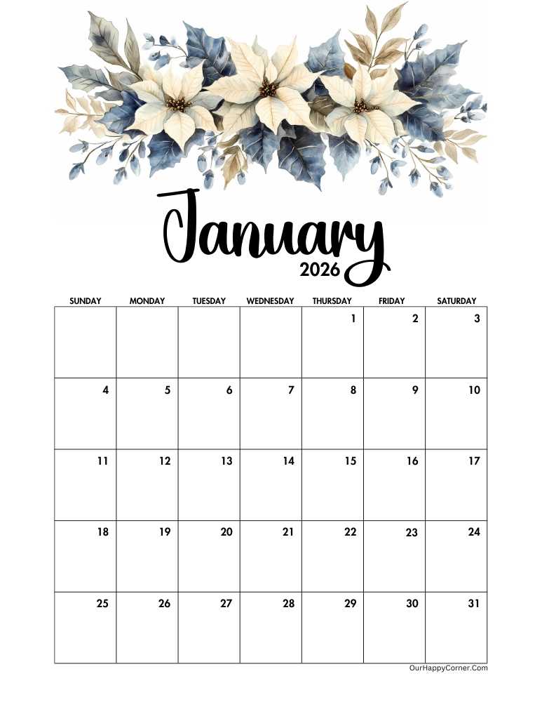 Watercolor poinsettias and snowdrops January calendar
