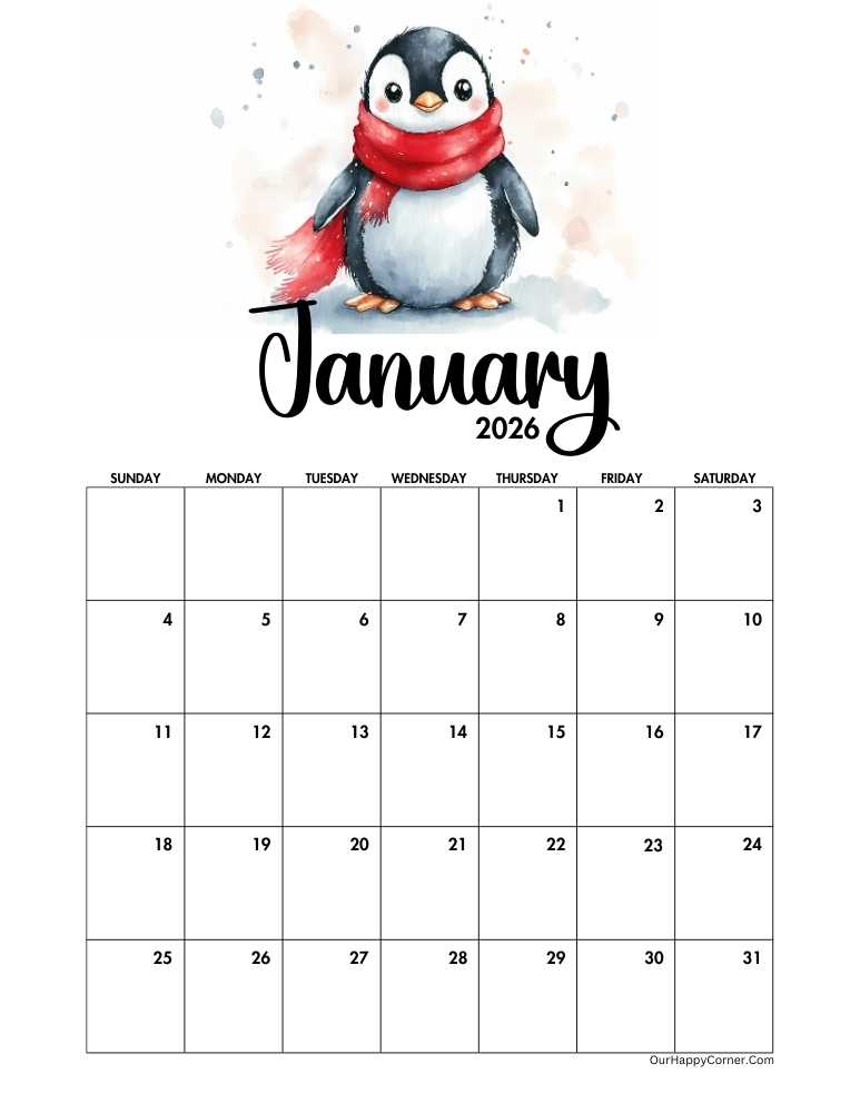 penguin wearing a red scarf decorated calendar