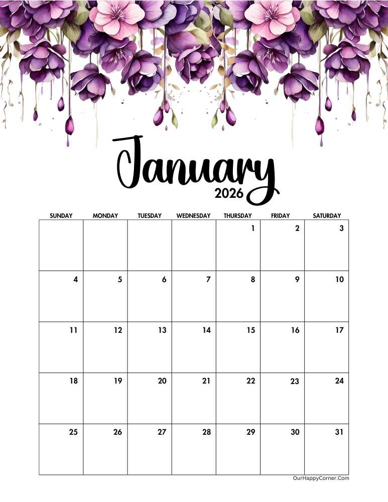 purple watercolor floral calendar