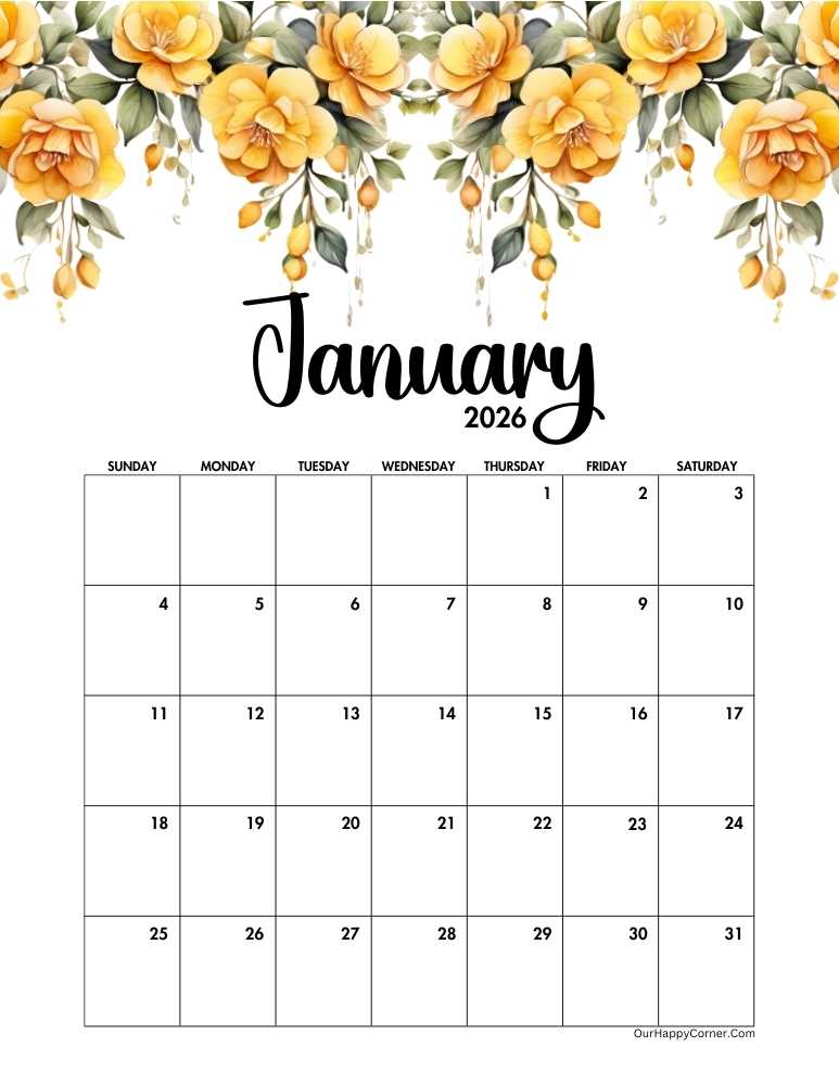 yellow floral January calendar