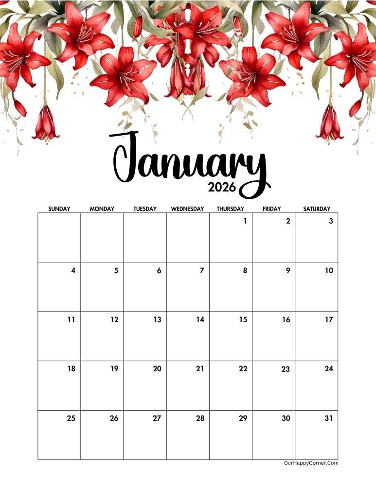 red floral January calendar