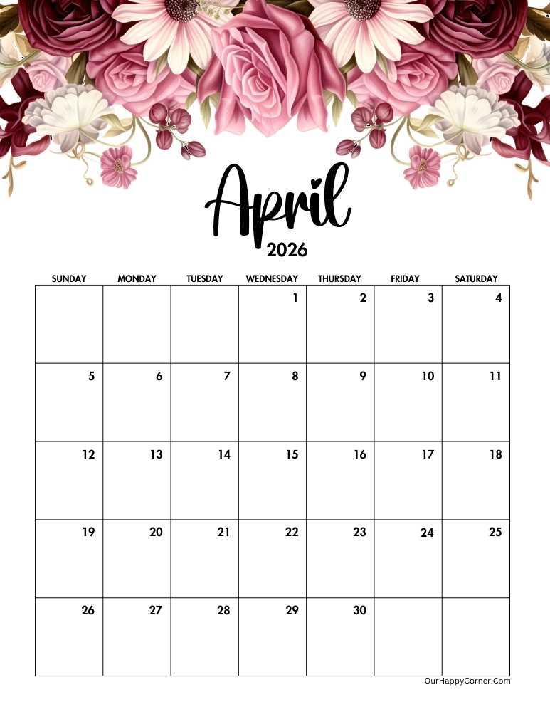Floral April 2026 calendar
