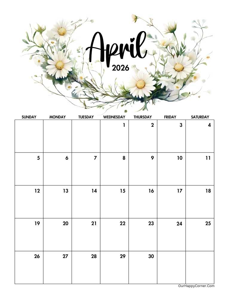 Spring April 2026 calendar