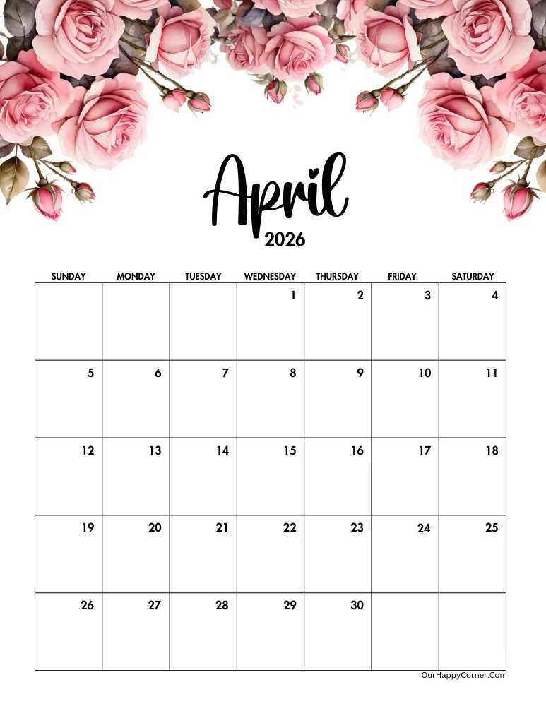 Pink roses floral April 2026 calendar
