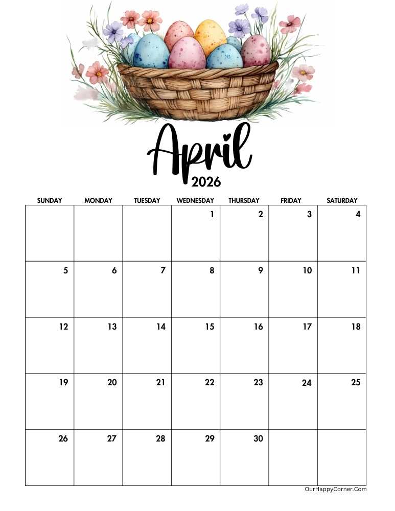 Easter themed April calendar