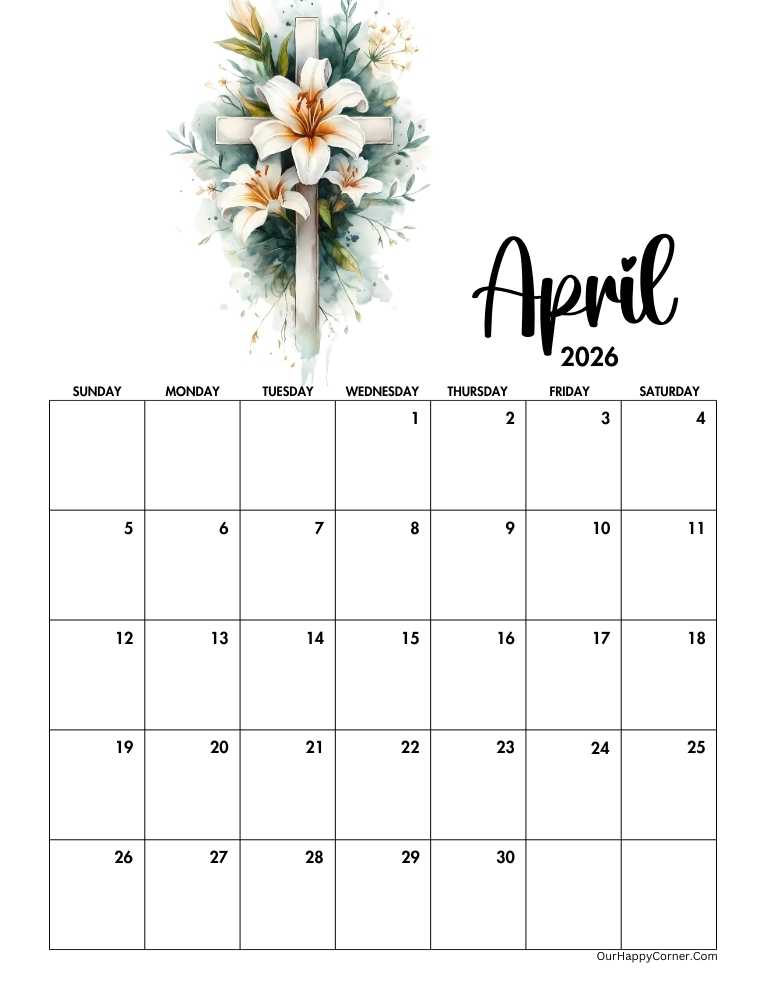 Easter themed April calendar 2026