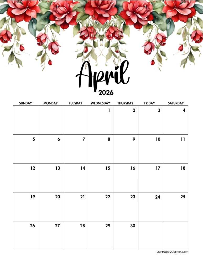 Red floral April calendar