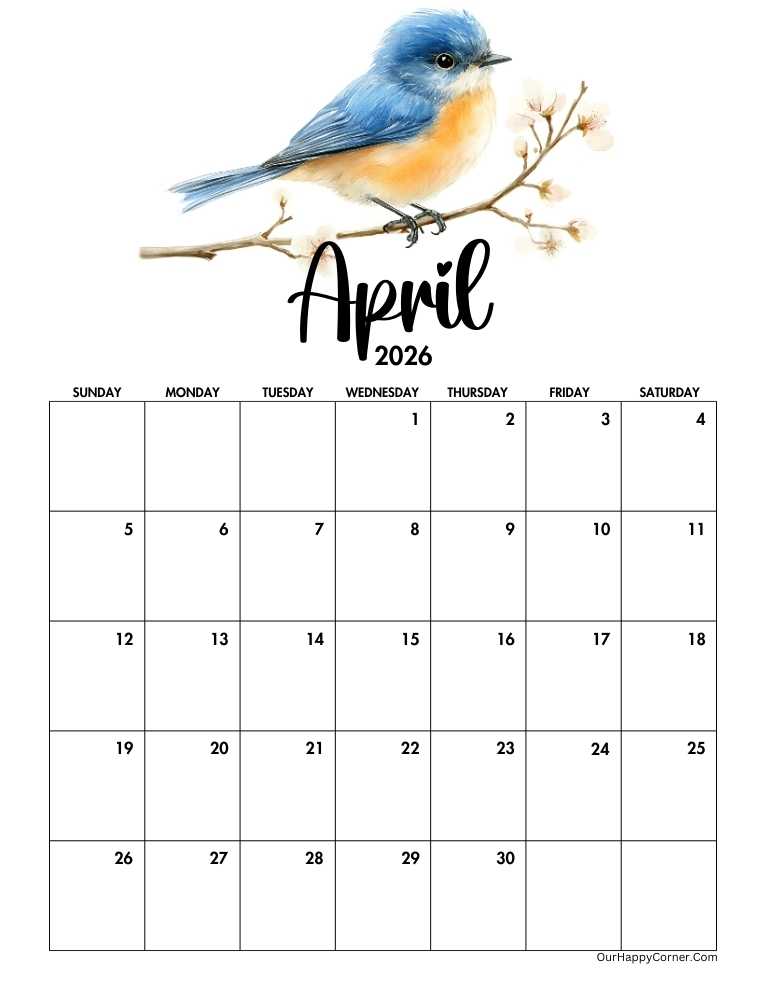Blue bird April calendar