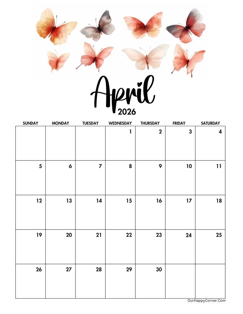 Butterfly decorated April calendar