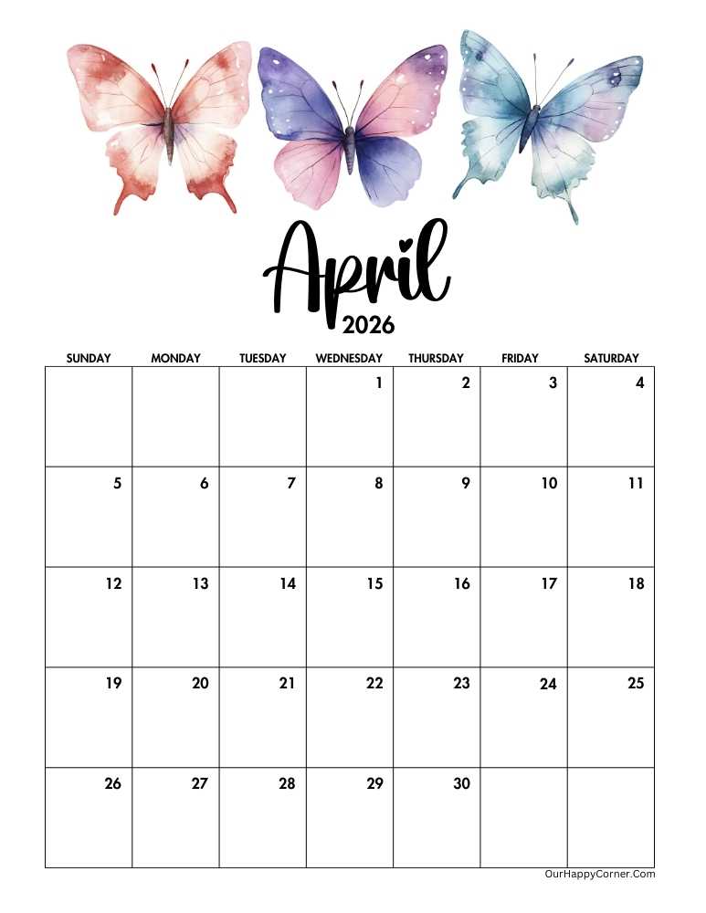 Butterfly decorated April calendar