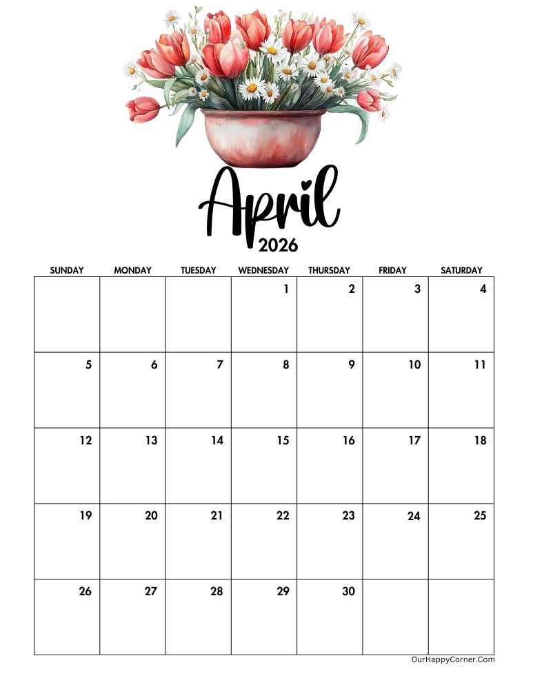 Spring day themed April calendar
