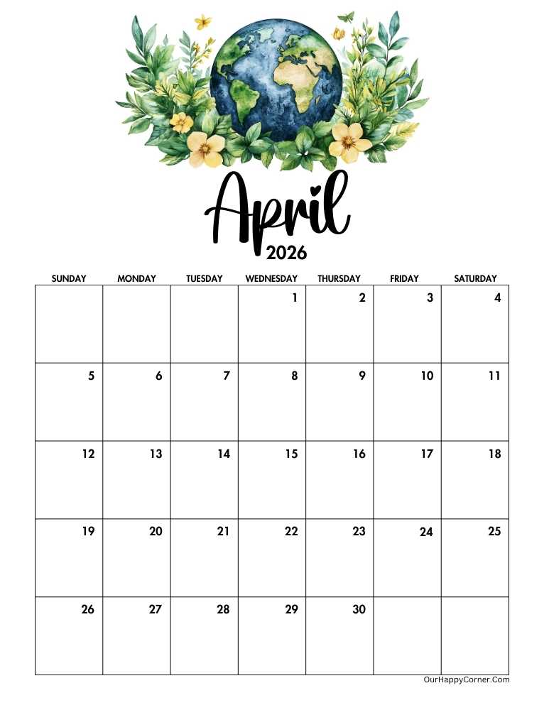Earth day themed April calendar