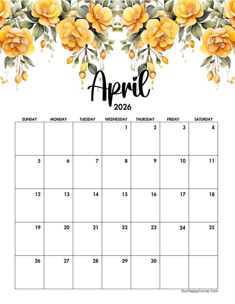 Yellow floral 2026 April calendar