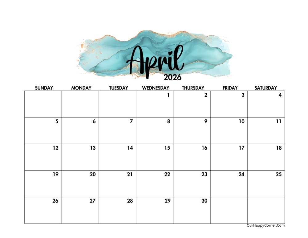 Horizontal watercolor splash April 2026 calendar