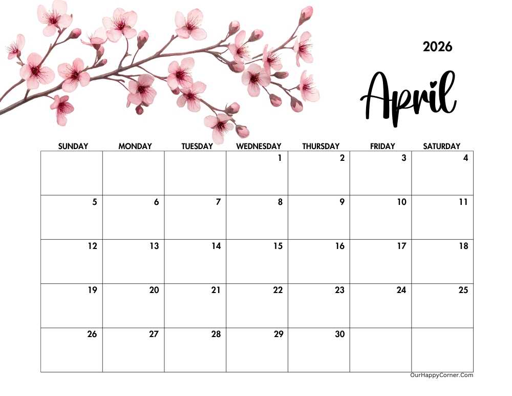 Horizontal floral April 2026 calendar 