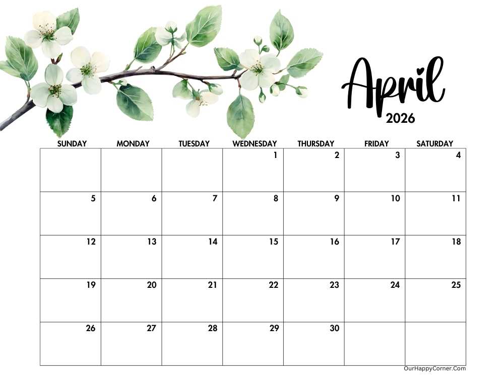 Horizontal April calendar