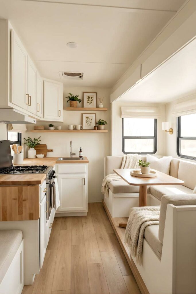 Bright neutral camper kitchen and dinette camper interior design