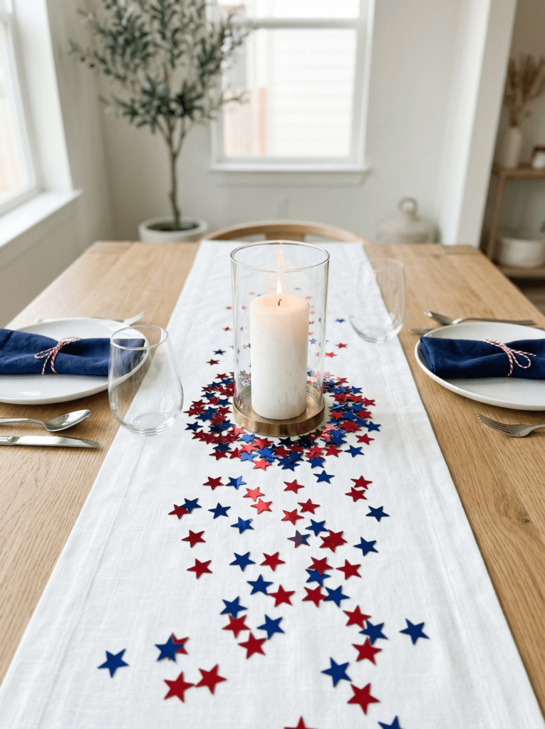 candle centerpiece with red blue star confetti runner