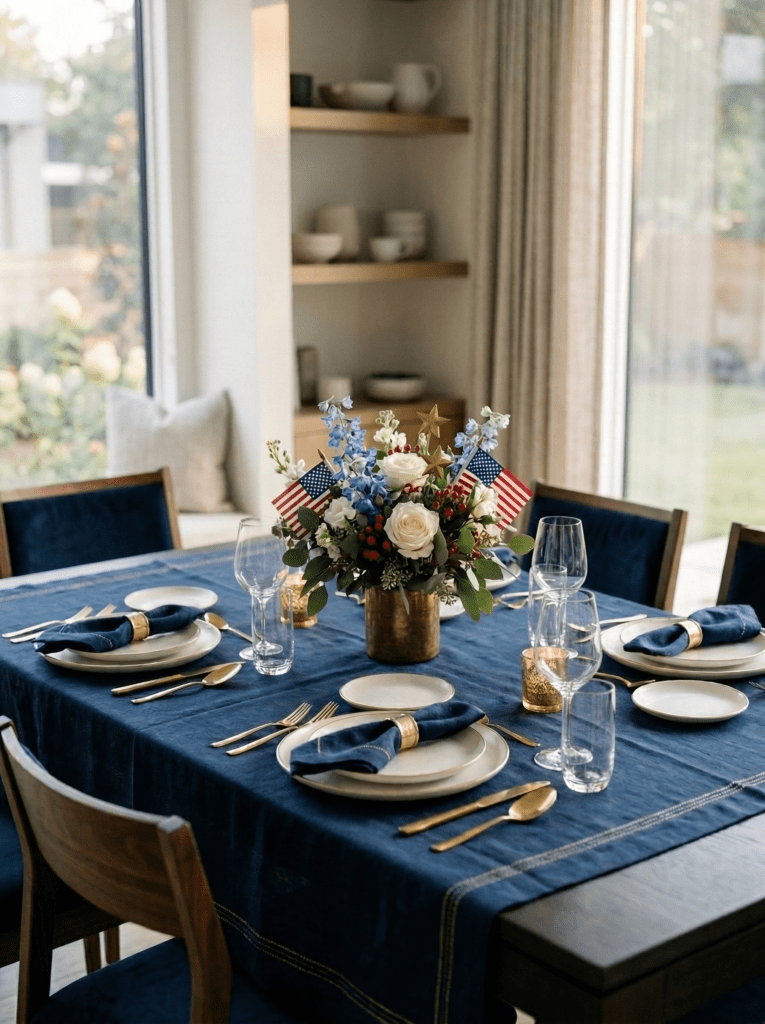navy and gold patriotic table with floral centerpiece