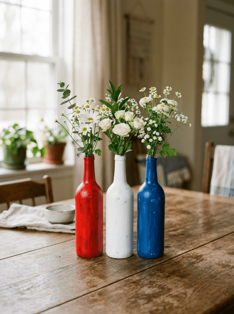 4th of July centerpiece red white blue painted bottle flower centerpiece