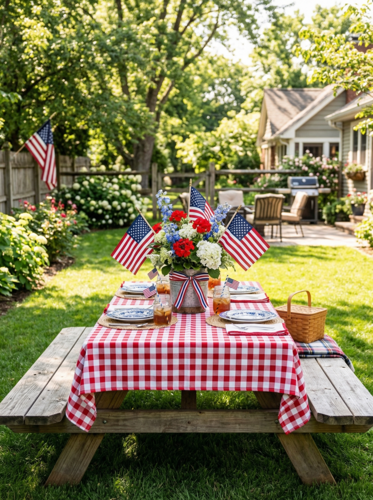 patriotic picnic table centerpiece with flags and flowers