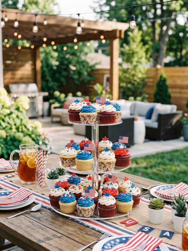 4th of July centerpiece patriotic cupcake stand centerpiece outdoor table