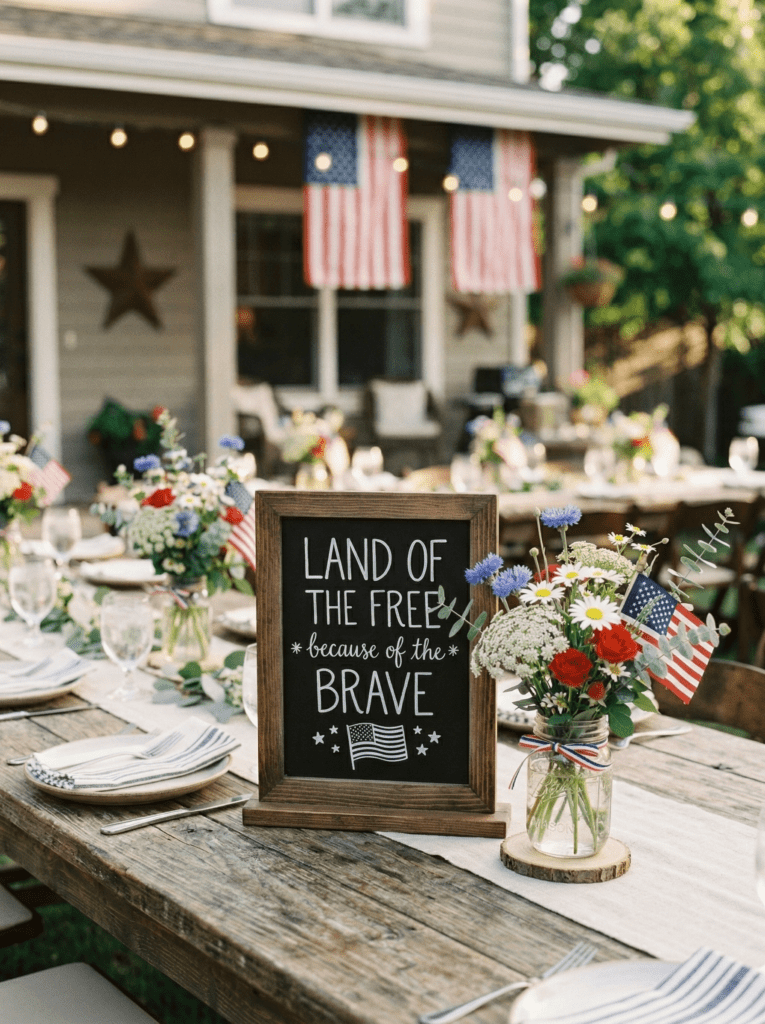 chalkboard patriotic centerpiece with flowers and flag