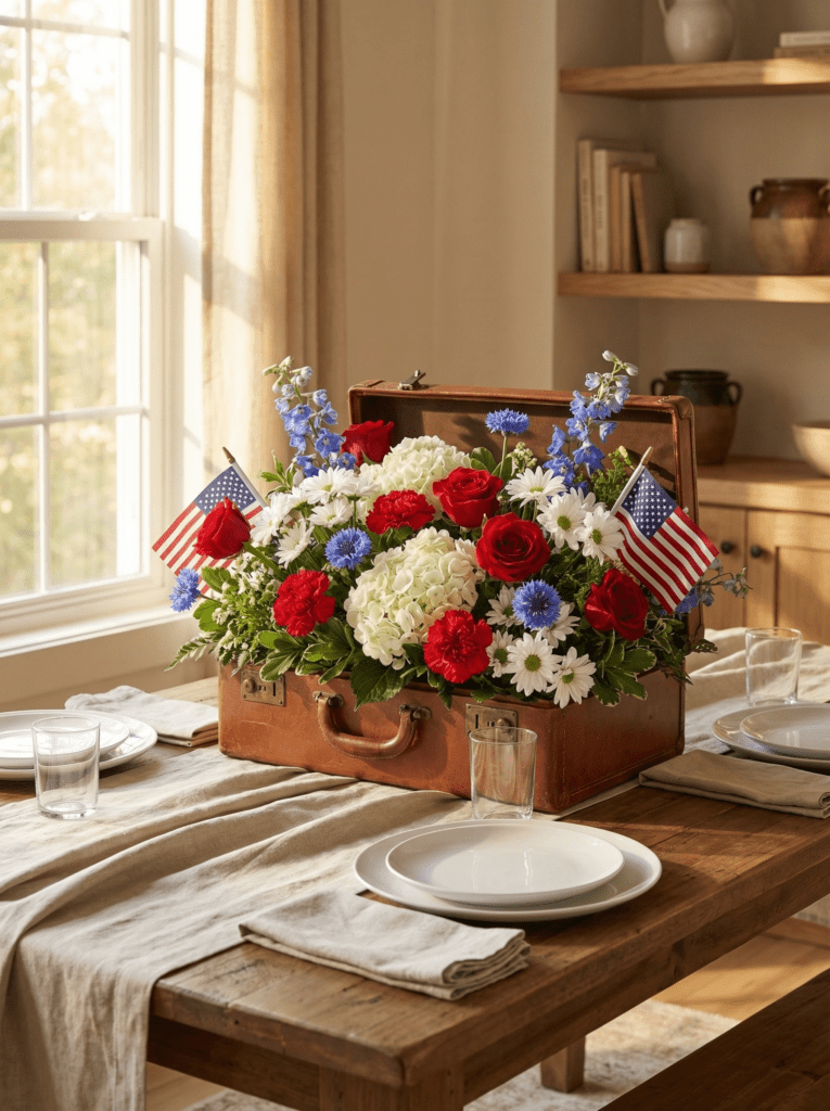 vintage suitcase patriotic flower centerpiece with flags