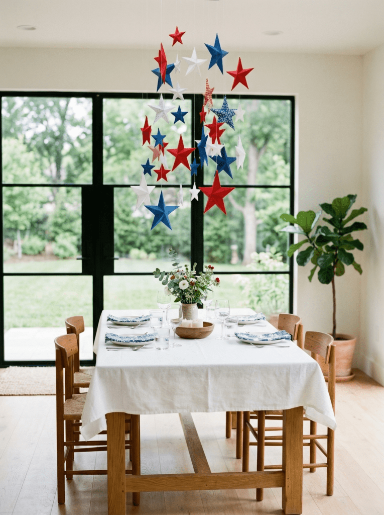 4th of July centerpiece hanging red white blue stars over dining table
