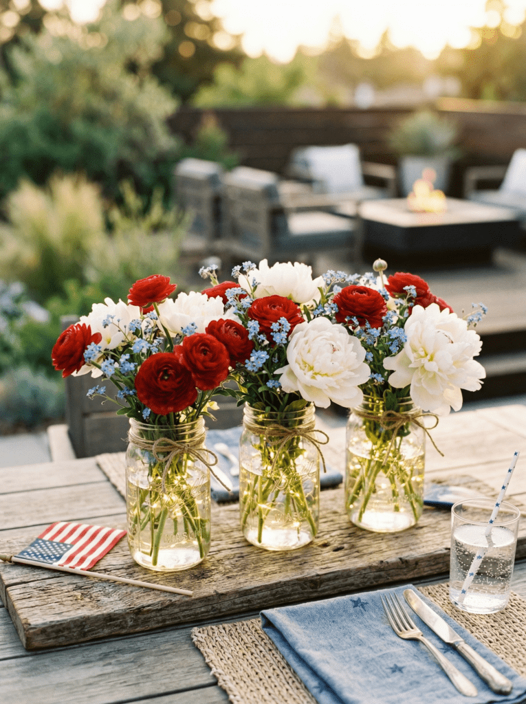mason jar patriotic flowers with fairy lights centerpiece