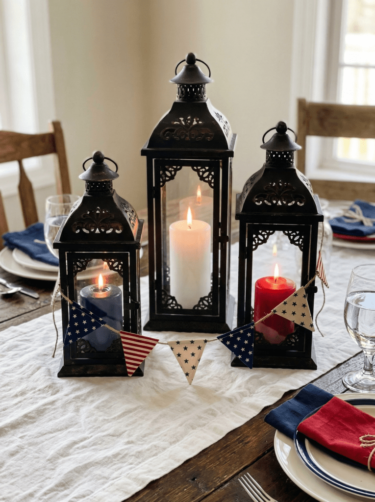 lantern centerpiece with patriotic candles and bunting