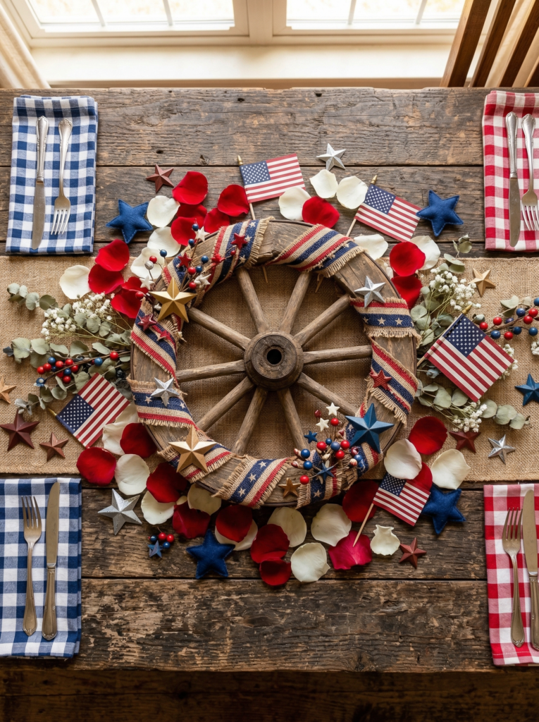4th of July centerpiece of wagon wheel patriotic