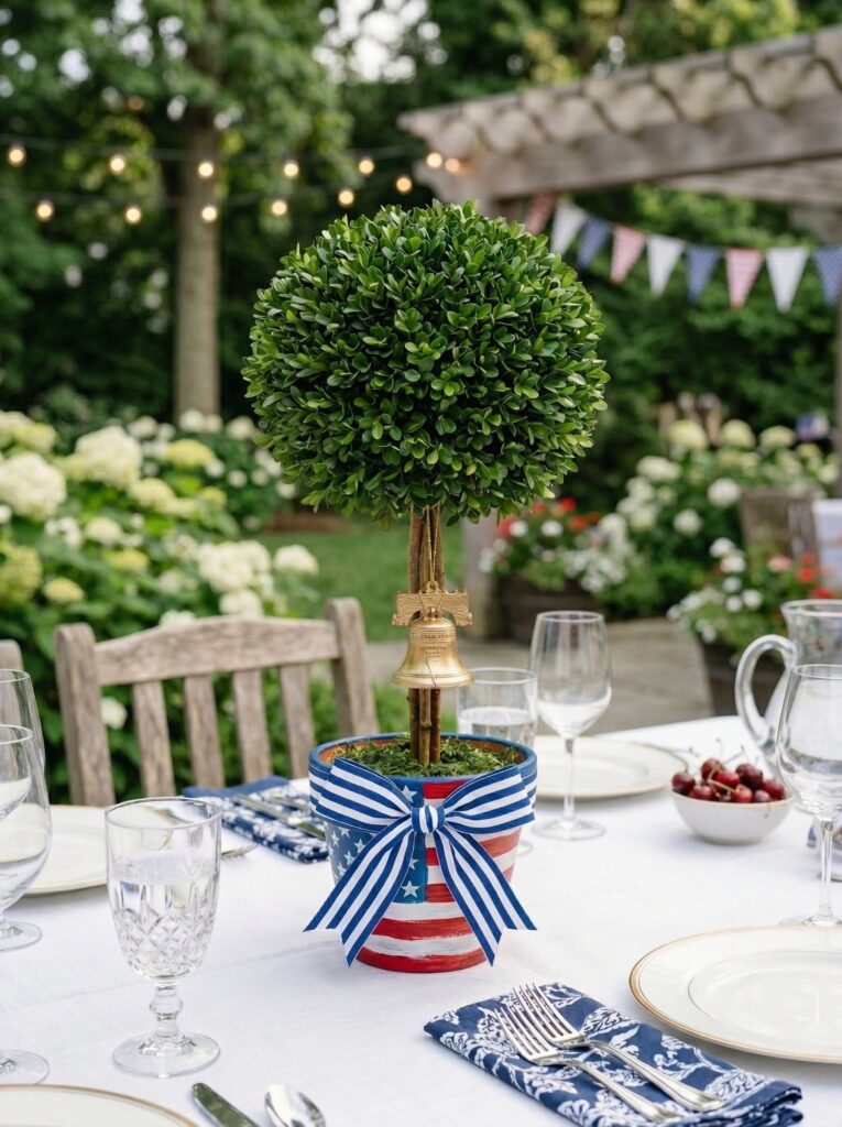 patriotic topiary centerpiece with striped pot and bow
