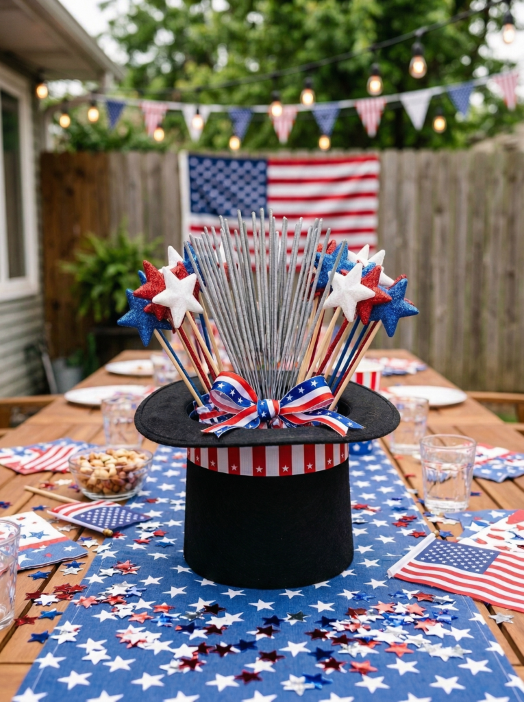 4th of July centerpiece hat with star wands and sparklers