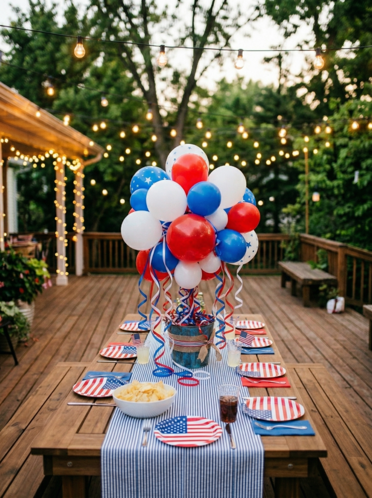 4th of July centerpiece of red white blue balloon centerpiece outdoor table