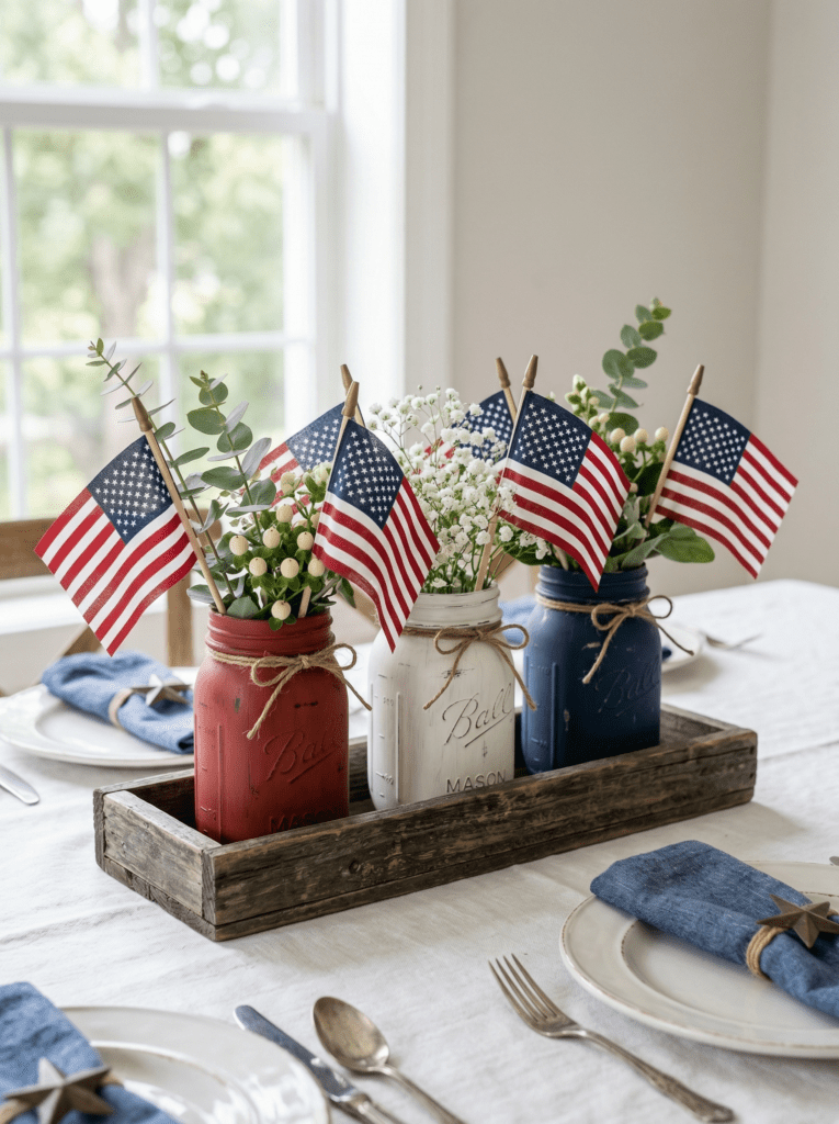 4th of july centerpiece mason jar patriotic centerpiece with flowers and fairy lights