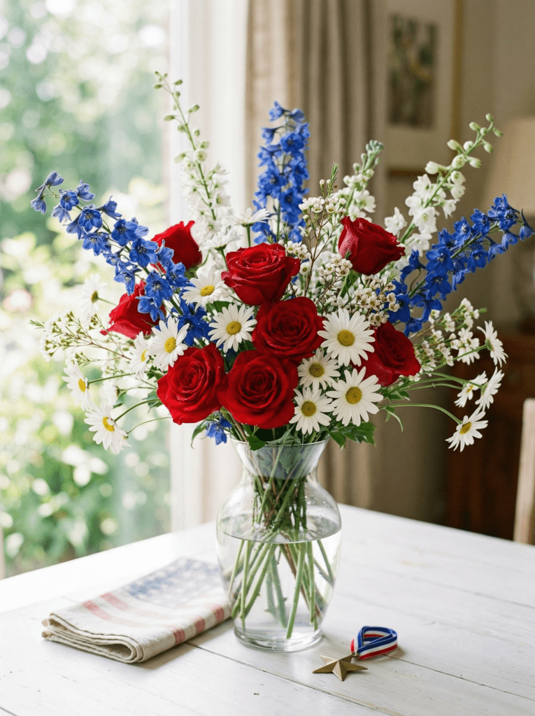 4th of july centerpiece in red white blue flower arrangement in glass vase